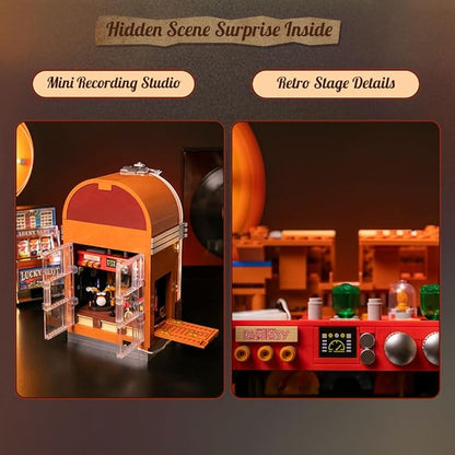 PANTASY Retro Jukebox Building Kit with Coin &amp Sound Function Mechanical Music Box Model with Acrylic Records Recording Studio &amp Minifigure Collectible Construction Toy Gift for Adults and