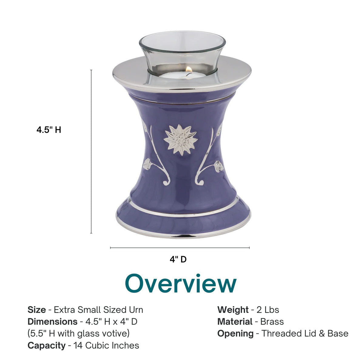 Grace Lavender Blue Tealight Cremation Urn for Ashes, Brass Memorial Candle, Purple and Silver, Extra Small Sized Cremation Urn, 5.5 Inches High