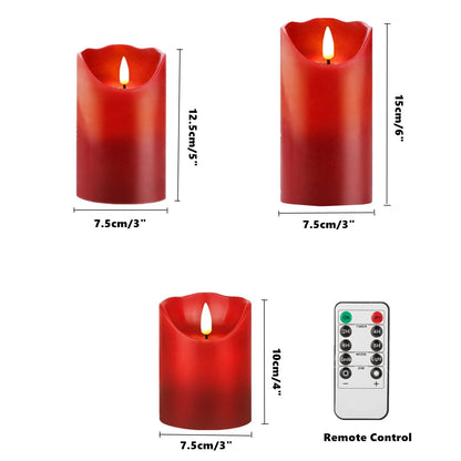 HEIOKEY 3 Pack Red Flickering Flameless Candle Set, Battery Operated Candles with 10-Key Remote Control, Electric Pillar Candle with Timer, Dancing Flames Real Wax Fake Candle for Festive Celebrations
