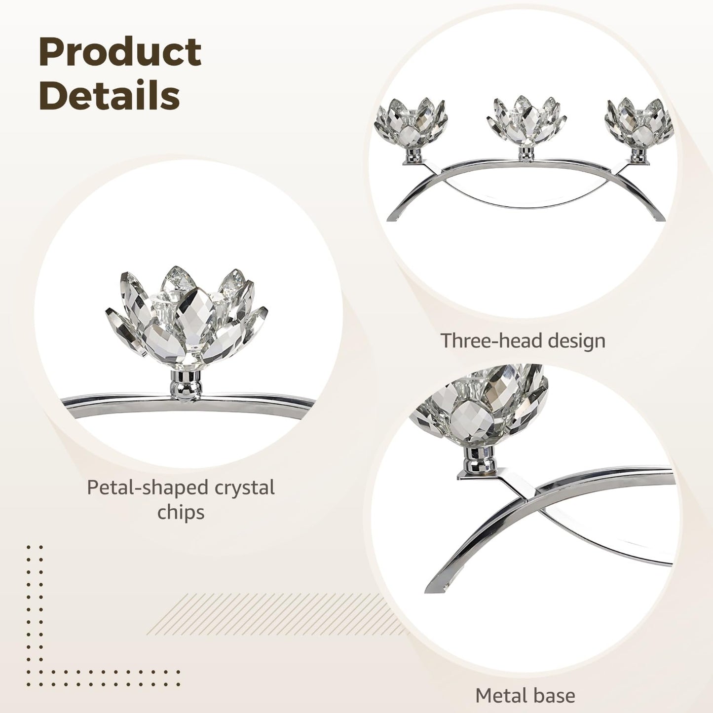 Crystal Lotus Candle Holders, Silver Table Centerpiece 11.4 in, 3-Head Lotus Candlestick with Glass Petals, Elegant Nickel-Plated Metal for Home Decor, Wedding, Dining
