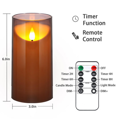 NURADA Flameless Candles with Remote Timer: 3D Wick Battery Operated Led Pillar Candle Unbreakable Acrylic Fake Candle Set for Home Decoration Romantic Ambiance- Grey 2 Pack