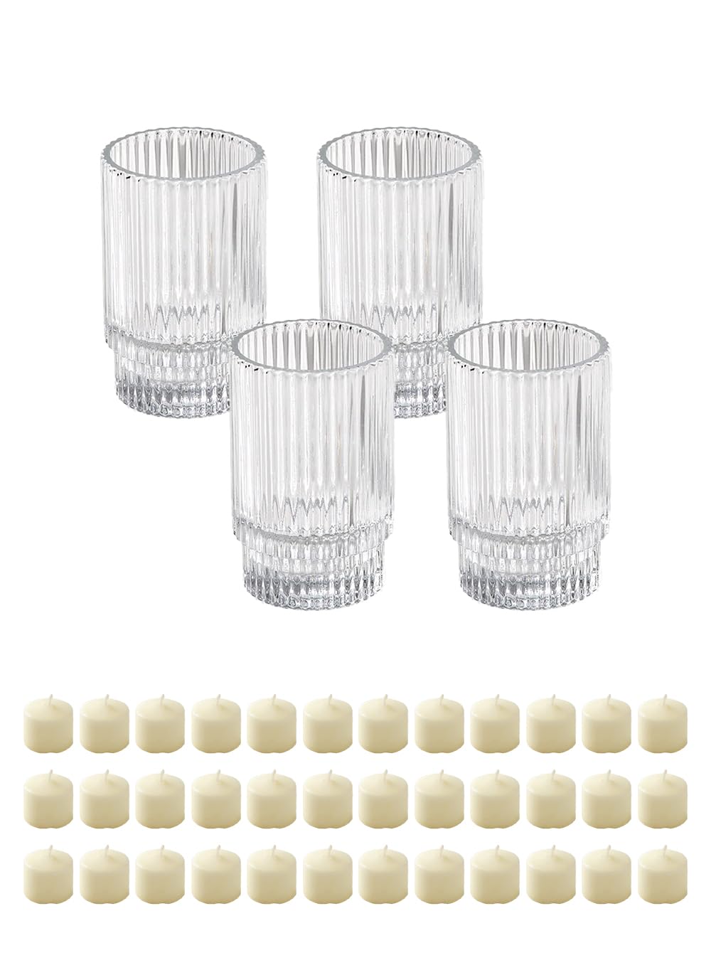 Serene Spaces Living Set of 4 Ribbed Glass Votive Holders & 10-Hour Ivory Votive Candles Set of 36 Bundle – Elegant Pleated Candle Holders & Long-Burning Unscented Tea Light Candles
