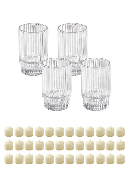 Serene Spaces Living Set of 4 Ribbed Glass Votive Holders & 10-Hour Ivory Votive Candles Set of 36 Bundle – Elegant Pleated Candle Holders & Long-Burning Unscented Tea Light Candles
