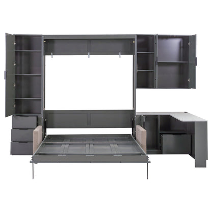 Merax Queen Size Wood Murphy Bed with Upholstered Sofa & Desk, Multifunctional Foldable Wall Platform Bed w/USB Charging Station for Guest-Room, Bedroom, Space Saving, Gray +Beige