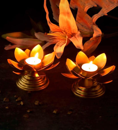 FM Beautiful Lotus Tealight Holder Candle Stand Metal Home Decoration Festival Occasions Diwali Ga (Not Include Candle) (Pack of 2- (Golden) Mini Lotus)
