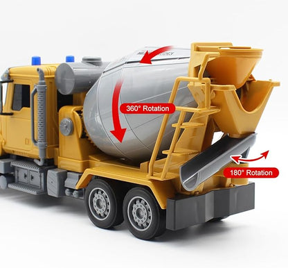 Fistone RC Cement Mixer Toy 6 Channel Truck with Lights 1:24 Electric 360 Degree Stirring Vehicle Rechargeable Construction Truck for Kids