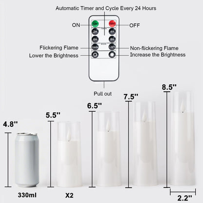 Amagic Pure White Acrylic Flameless Candles, Battery Operated Candles, Flickering LED Pillar Candles with Remote Control and Timer, Warm Yellow Light, D2.2 xH5 5" 6" 7" 8", Set of 5