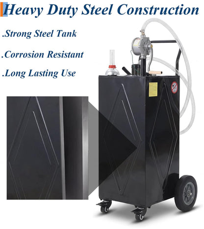 Garvee 30 Gallon Fuel Caddy with Manual Transfer Pump, Portable Gas Storage Tank on 4 Wheels, Gasoline & Diesel Fuel Storage Tank for Cars, Lawn Mowers, ATVs, Boats, More, Black