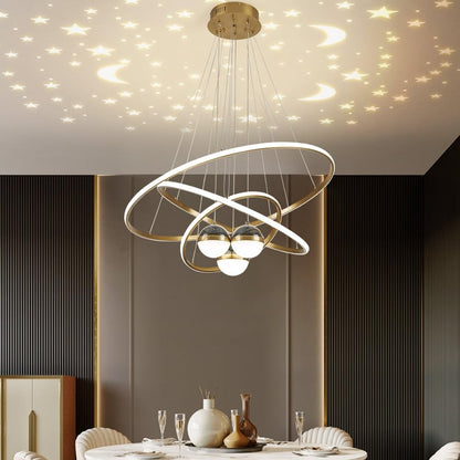 LOVEDIMA Modern Gold 3-Light LED Chandelier with Remote Control, Starry Sky Projection,3 Color Temperatures,Dimmable Globe Ceiling Light for Bedroom,Dining Room, Living Room