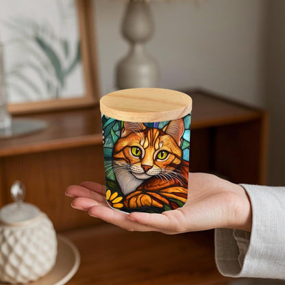Stained Glass Cat LED Candle Holder with Bamboo Lid, Decorative Tea Light Jar, Orange Ginger Cat Design, 3.5x2.8 Inches