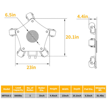 Amarite Heavy Duty Machine & Machinery Skates 8800 lbs - Integrated Casting Frame with 5X 360° Swivel Rollers for Industrial Moving