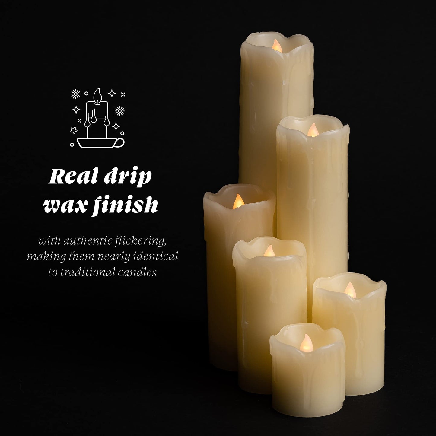 WYZworks LED Flickering Flameless Melting Ivory Timer Candles, Set of 6 Faux Dripping Wax, Battery Operated for Christmas Valentine Halloween Holiday Viking Gothic Decor 2" Wide and 2-9" Tall Pillar