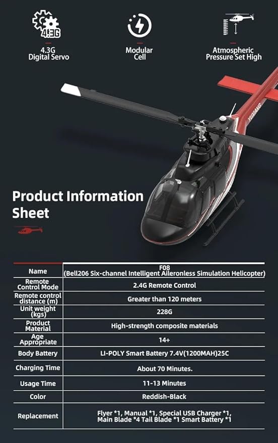 Hanll YUXIANG F08 Bell 206 RC Helicopter for Adults 1/27 2.4G 6CH Brushless Direct-Drive 6G Flybarless RC Helicopter with 6-Axis Gyro Optical Flow Positioning RTF/ 2 Battery