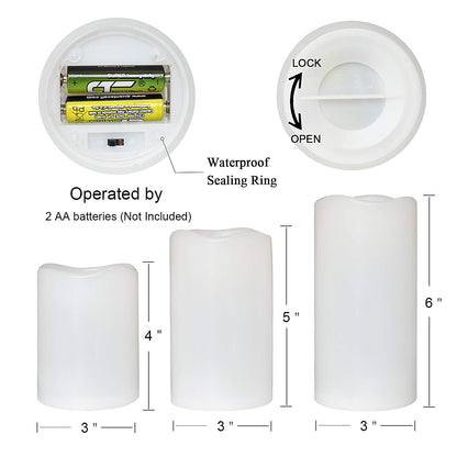 Eldnacele Waterproof Flameless Flickering Candles Weatherproof Battery Operated LED Candle with Remote and Timer White Plastic Pillar Candles Pack of 3 for Indoor Outdoor Lanterns D3”x H4” 5” 6”
