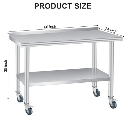 60 x 24 Inch Stainless Steel Prep Table, Heavy Duty Commercial Work Table with 4 Caster Wheels, Adjustable Undershelf & Rounded Corners, Metal Kitchen Workbench for Restaurant, Garage and Outdoor
