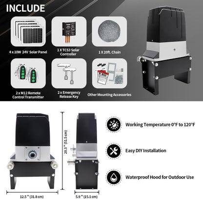 TOPENS DKC2000S Solar Sliding Gate Opener Chain Drive Automatic Gate Motor for Heavy Driveway Slide Gates Up to 4400 Pounds, Electric Gate Operator Battery Powered with Solar Panel Remote Control Kit