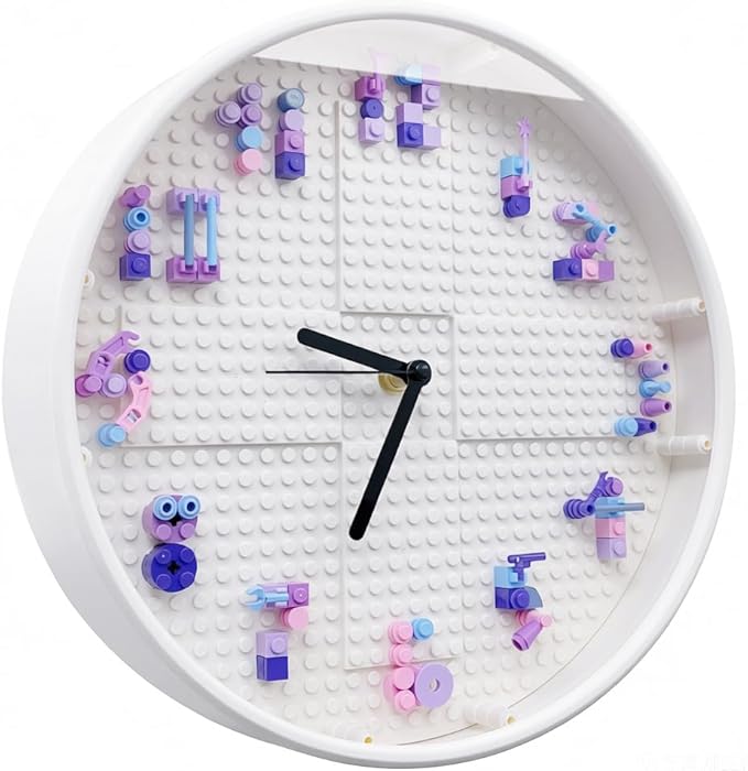 Educational STEM Building Block Assembly Toy Wall Clock for Girls Aged 6-8 Kids' DIY Hands-On Creative Construction Toy Fun Birthday Gift for Girls Aged 9-12 27 cm Diameter (White Frame)