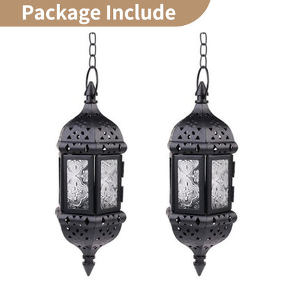 2 Pcs Hanging Candle Lantern Moroccan Chandelier Retro Candle Holder Moroccan Vintage Metal Hollow Wedding Hanging Candle Holders Lantern Contain 35cm Chain, Black