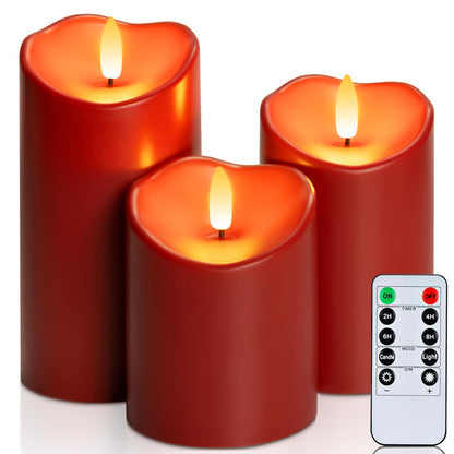 Homemory Burgundy Flameless Candles, Waterproof Flickering Flameless Candles, Outdoor Battery Operated LED Pillar Candles with Remote Timer, Electric Fake Plastic Candles, D3 x H4 5" 6", Red, 3 Pack