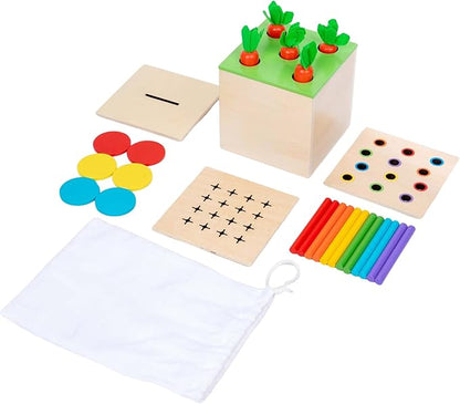 4 in 1 Montessori Play Kit Box - Cotton Swab Board Coin Box Carrot Harvest Game Matchstick Color Drop Game Montessori Toys for Babies 6-12 Months 1 Year 2 Year