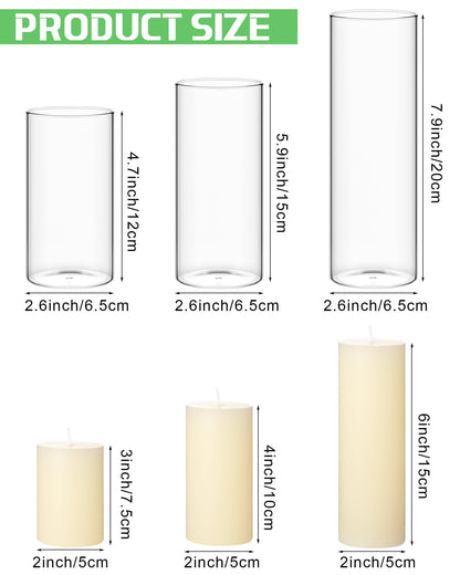 Shihanee 36 Pcs Pillar Candles and Glass Cylinder Vases Tall Cylinder Holders for Pillar Candles Wedding Centerpieces, Total 18 Sets(2.6'' X 4.7'', 5.9'', 7.9'',Clear,Ivory)