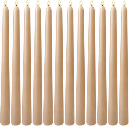 12-Pack Light-Mocha Taper Candles, 10 Inch Unscented Dripless Candlesticks, Long-Lasting Burn Time of 7-8 Hours, Perfect for Home Décor, Weddings, and Events
