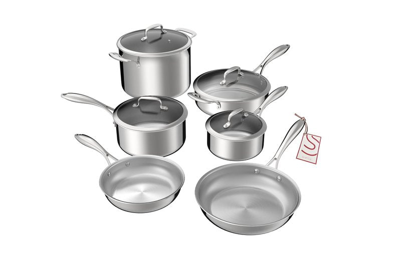 SANFELA Cookware, 10 Piece Stainless Steel Pot and Pan Set, 5 Ply Clad, Includes Frying Pans, Saucepans, Saute Pan and Stock Pot, Compatible with All Cooktops, PTFE, PFAS and PFOA Free