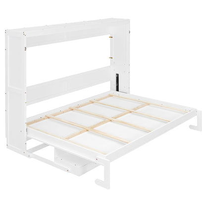 DNYN Murphy Bed with Vanity Desk and Center Mirror for Bedroom/Guest Room, Space-Saving Queen Size Foldable Wall Bed Frame with 2 Side Storage Drawers, No Box Spring Needed