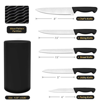 HENKELIVING Knife Set, 6-Piece Kitchen Knife Set, German High Carbon Stainless Steel, Durable & Easy Clean Knife Block, Black