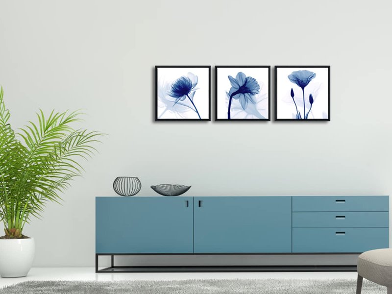 Wieco Art Framed Blue Abstract Flowers 3 Panels Canvas Prints Wall Art Modern Pictures Artwork for Living Room Bedroom Home and Office Decorations with Black Frame