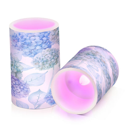ALAZA Blue Purple Teal Green Hydrangea Flowers Flickering Flameless Candles Battery Operated with Remote Timer,Tea Light Candles LED Pillar Votive Candles Set of 2 for Outdoor Indoor Decorations