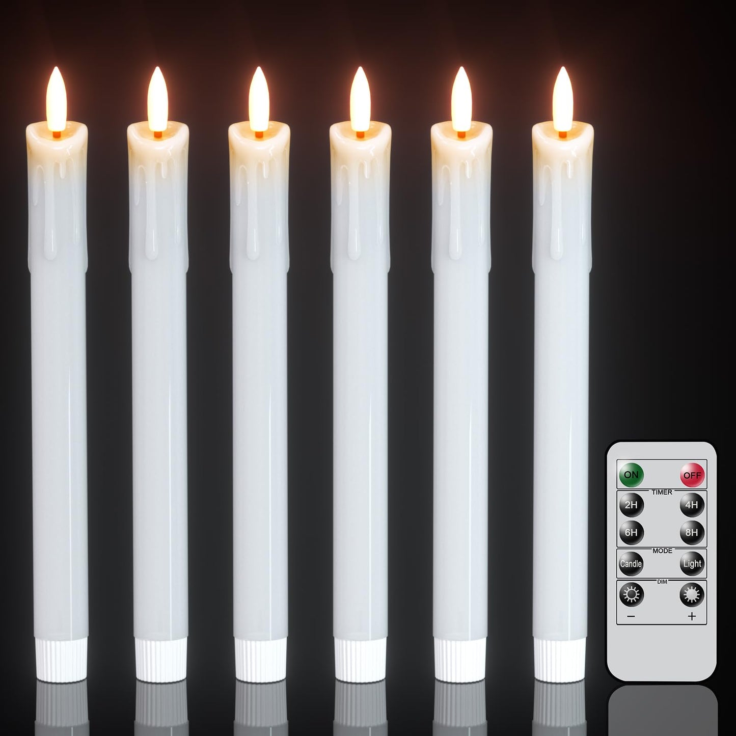 DRomance Dripping Flameless Taper Candles Flickering with Remote and Timer Battery Operated LED Taper Candle Real Wax 3D Wick Dinner Wedding Christmas Holiday Indoor Decor(6 Pack White, 0.78" x 9.7")