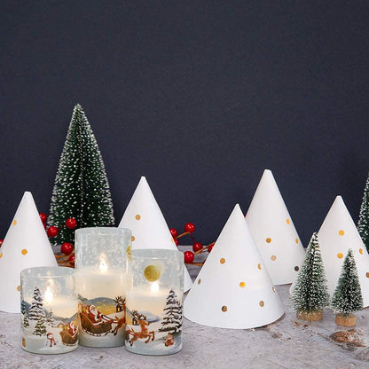 Eldnacele Santa Claus Glass Flameless Candle with Remote Timer Battery Operated Flickering LED Pillar Candles 3 Pack Warm White Light Christmas Decal Candles Set of 3 (D3” x H 4” 5” 6”) – Santa Sleigh