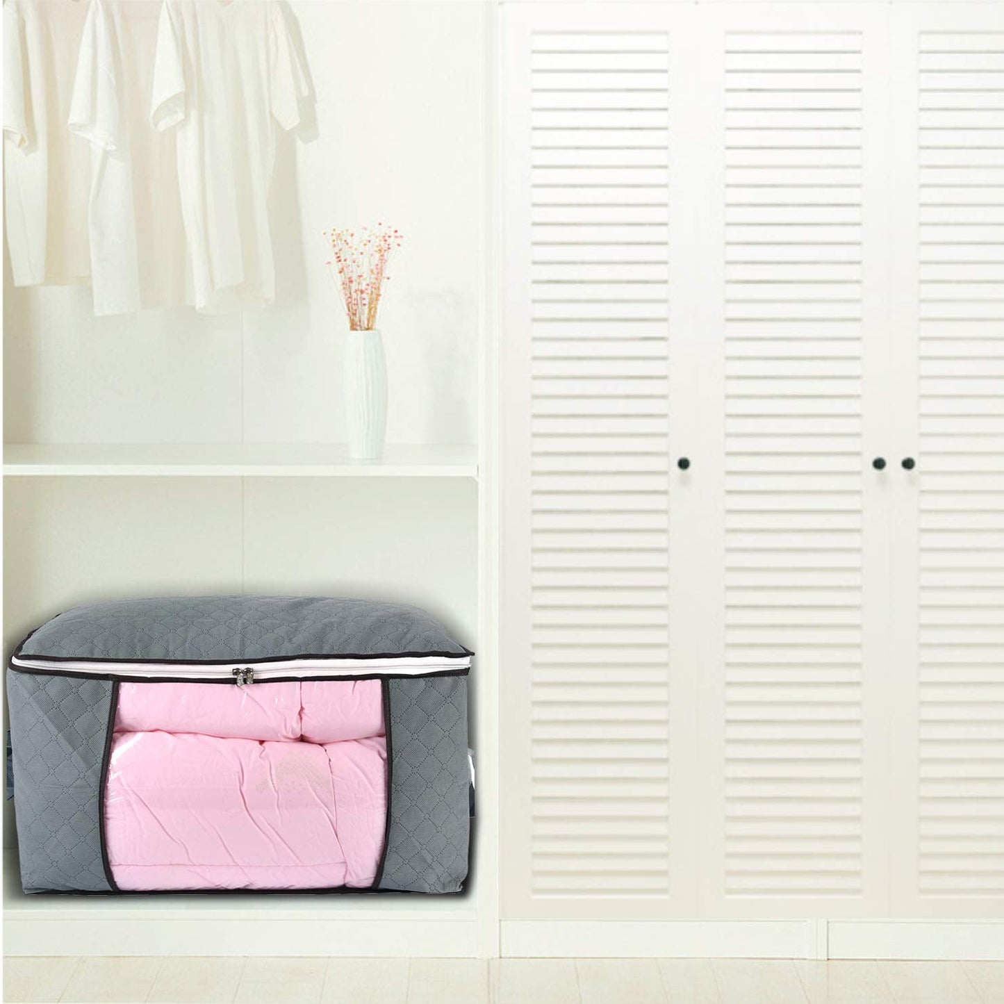 combocube Comforter Storage Bag, Jumbo Zippered Bag with Large Clear Window and Carry Handles, Space Saver Organizers for Closet, Blanket, Pillow, Quilt, Bedding, Clothes (2Pcs Grey Large)