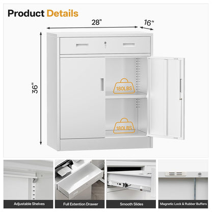 TaskStorz Metal Storage Cabinets with Drawer, 36" H Lockable Storage Cabinet with Doors and Adjustable Shelves, Small White Steel File Cabinet for Home, Office, Warehouse, School, Assembly Required