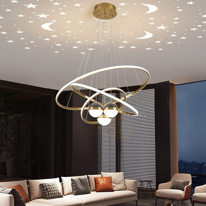 LOVEDIMA Modern Gold 3-Light LED Chandelier with Remote Control, Starry Sky Projection,3 Color Temperatures,Dimmable Globe Ceiling Light for Bedroom,Dining Room, Living Room