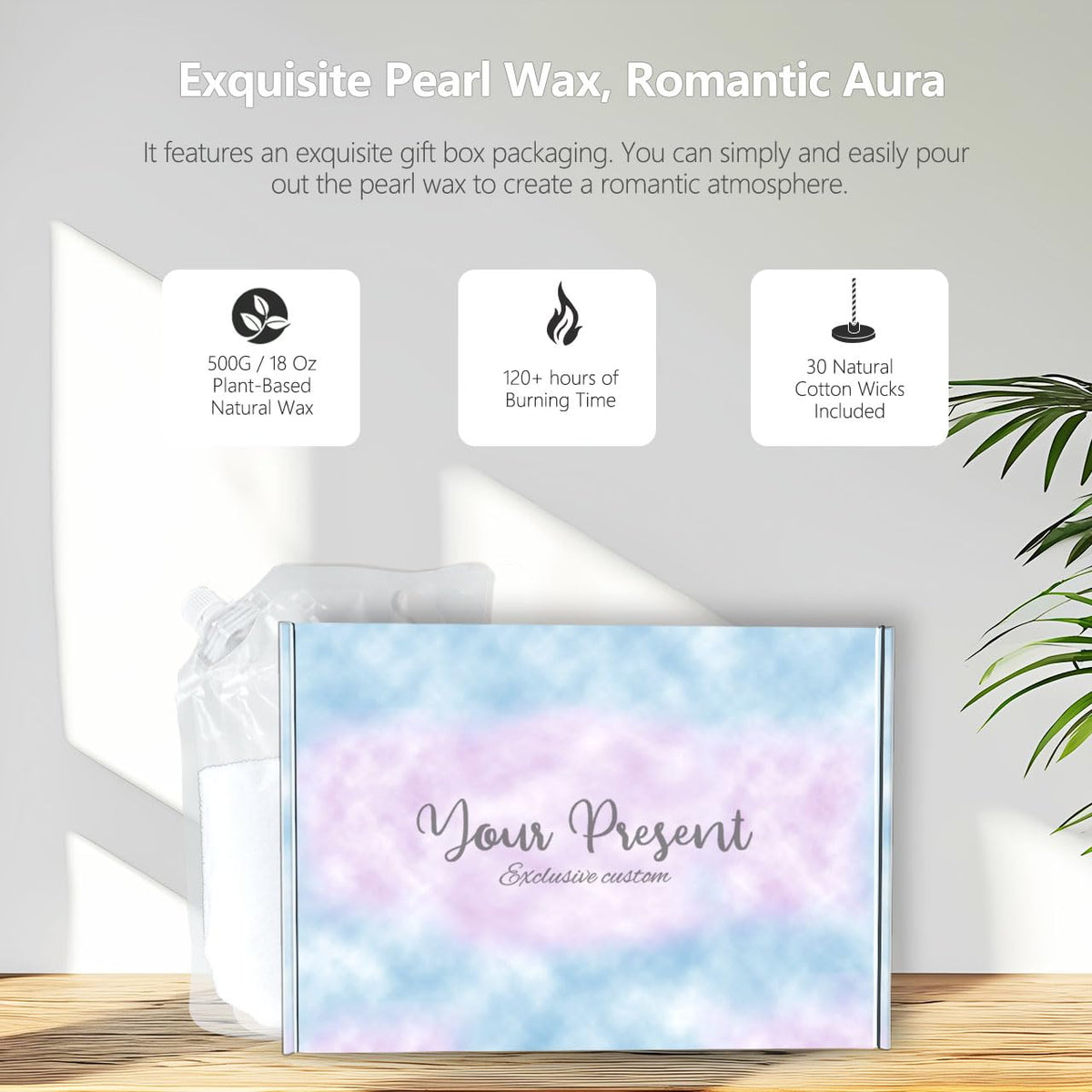 kitrax Pearled Candle 18 Oz - Nature Unscented Non Toxic Luxury Long Lasting Powder Candles - Lasts up to 120 Hours - Refillable Candle Sand with 30 Wicks for DIY Candle Making