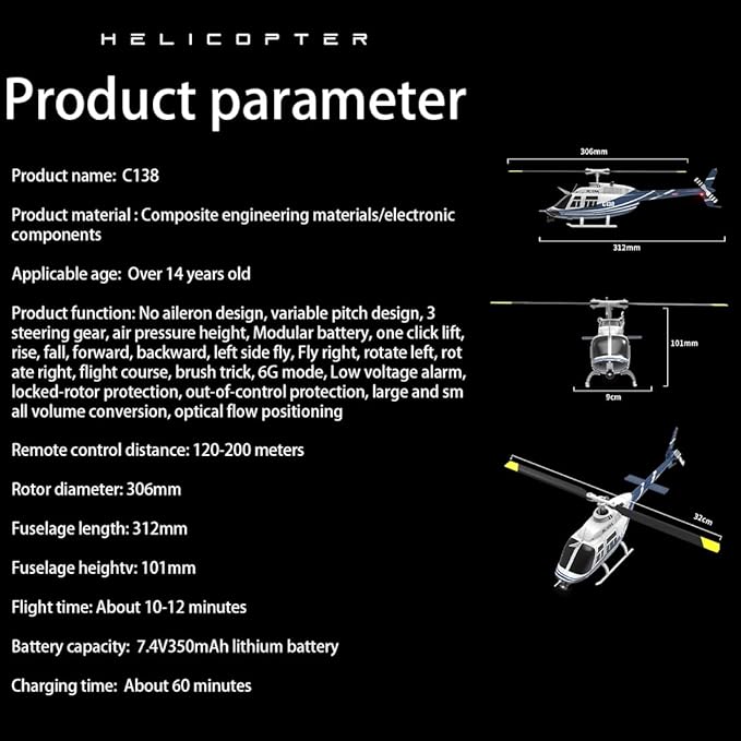 RC ERA C138 1/30 Scale 206 Helicopter for Adult 2.4G 6CH No Aileron Helicopter with Altitude Hold and Optical Flow Positioning 1 Battery (RTF Version/Blue&ampWhite)