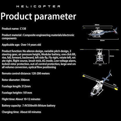 RC ERA C138 1/30 Scale 206 Helicopter for Adult 2.4G 6CH No Aileron Helicopter with Altitude Hold and Optical Flow Positioning 1 Battery (RTF Version/Blue&ampWhite)