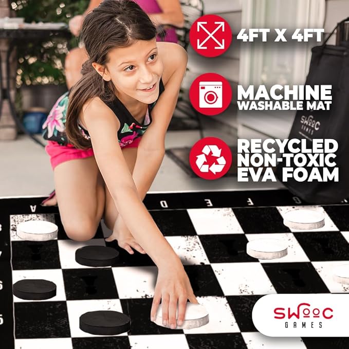 Swooc Games - 3-in-1 Giant Chess Checkers &amp Chess Tac Toe Game with Mat (4ft x 4ft) - Machine-Washable Canvas &amp 5 Big Foam Discs - Giant Chess Set Outdoor &amp Checkers Board Game for Adul