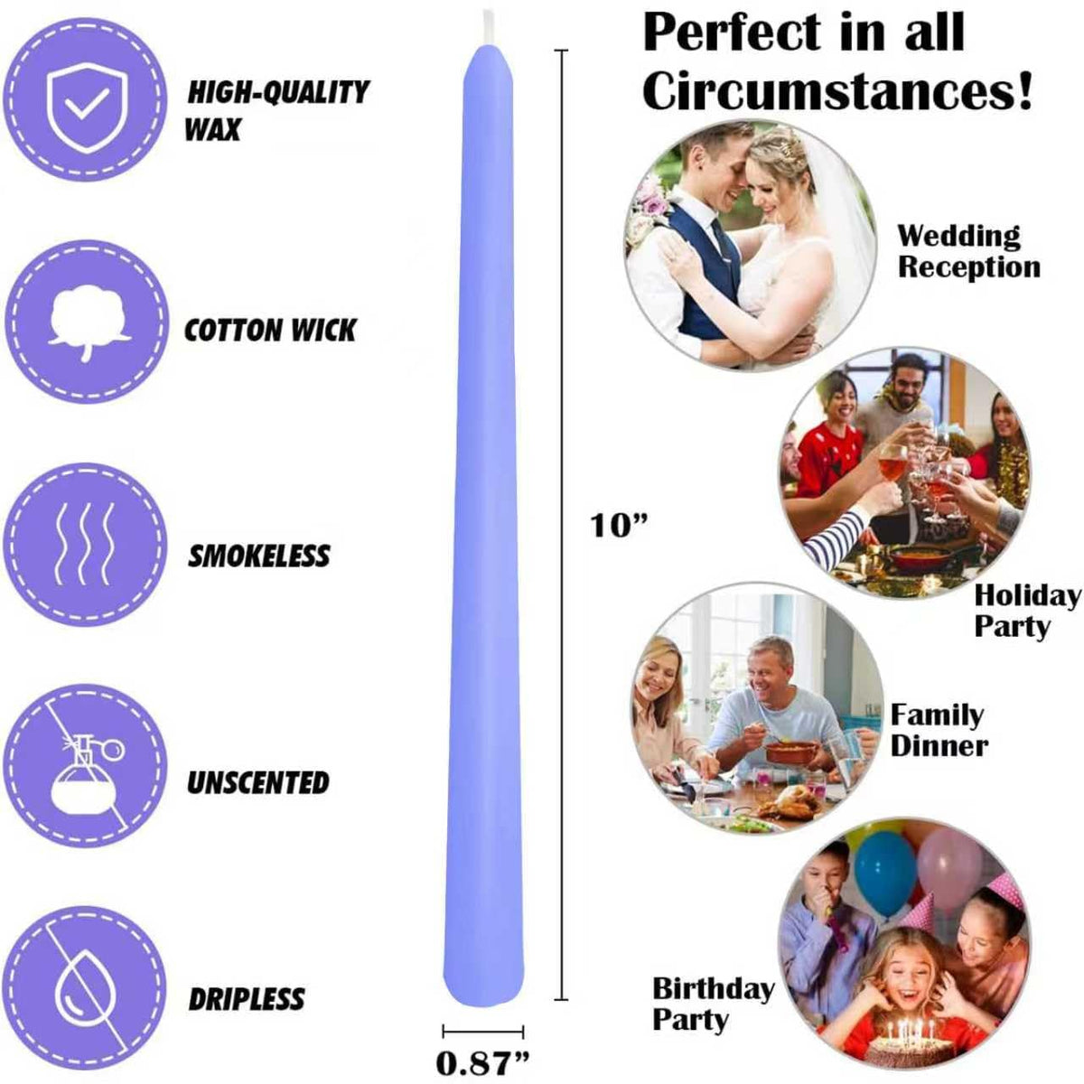 12-Pack Soft Lavender Purple Taper Candles, 10 Inch Unscented Dripless Candlesticks, Long-Lasting Burn Time of 6-7 Hours, Perfect for Home Decor, Weddings, and Events