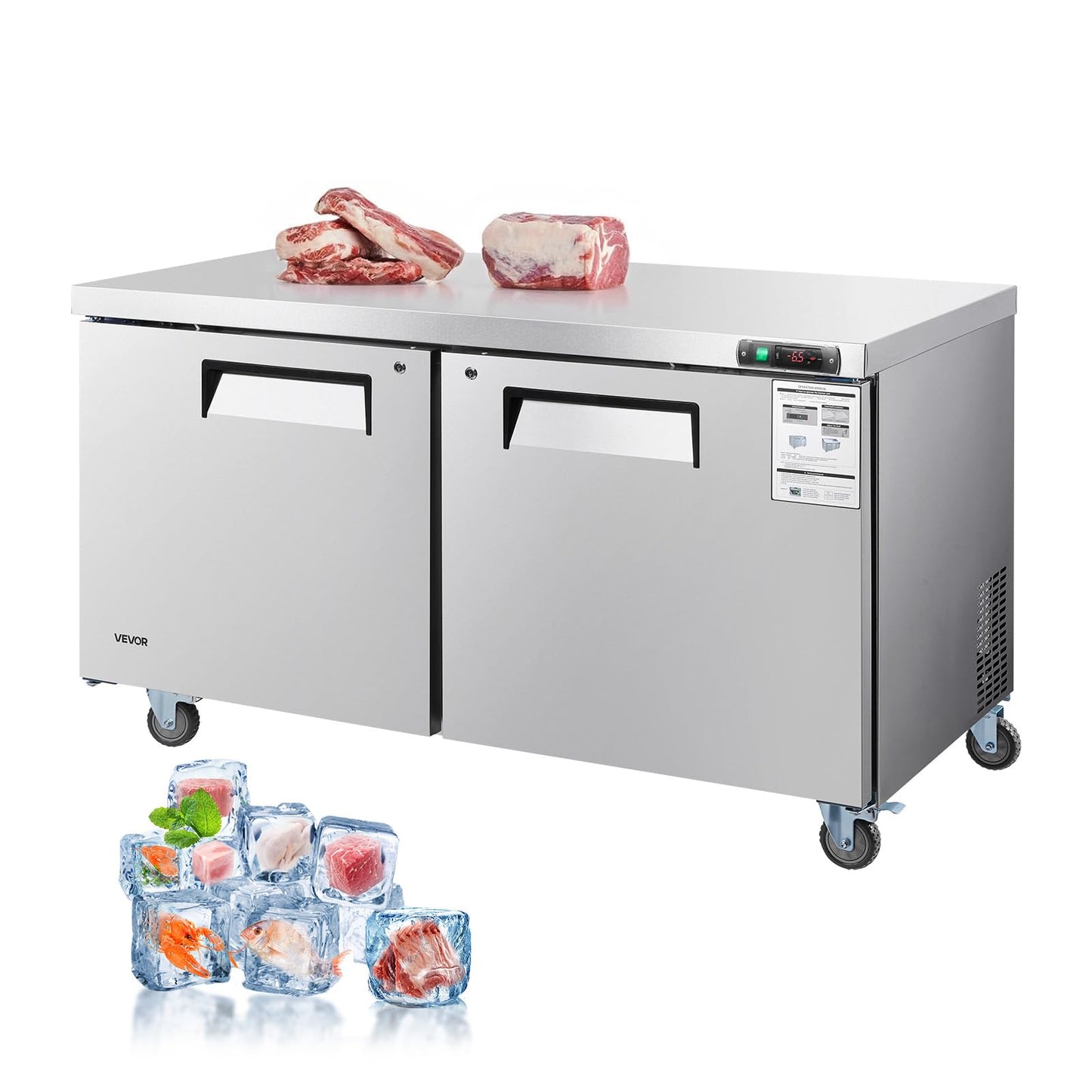 VEVOR 60" W Commercial Freezer, 14.8 Cu.Ft Worktop Freezers Undercounter with LED Auto Lighting and Lockable Door, 2 Doors Food Freezing Prep Worktable, Stainless Steel Prep Frozen Table with Casters