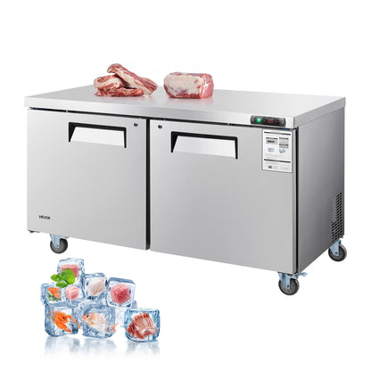 VEVOR 60" W Commercial Freezer, 14.8 Cu.Ft Worktop Freezers Undercounter with LED Auto Lighting and Lockable Door, 2 Doors Food Freezing Prep Worktable, Stainless Steel Prep Frozen Table with Casters