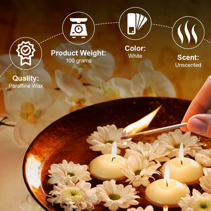 3 inch Floating Candles,24Pack Gold Dripless Wax Unscented Wax 13-15Hours Burning, Wedding Party Candles,for Centerpieces Suitable for Cylindrical Vases,Swimming Pool,Restaurant Decoration