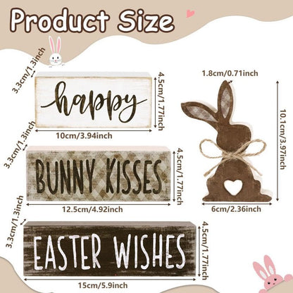 DIYDEC 4Pcs Easter Tabletop Decorations Bunny Wooden Block Signs Gift Rustic Tiered Tray Decor Happy Easter Centerpiece Farmhouse Wood Rabbit Table Sign for Kitchen Home Office Party Decor