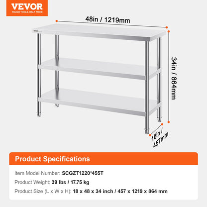 VEVOR Stainless Steel Food Prep Table, 18 x 48 x 34 Inch Commercial Kitchen Worktable, with 2 Adjustable Undershelf, Heavy Duty Prep Tables Metal Work Table for BBQ, Kitchen, Home, and Garage