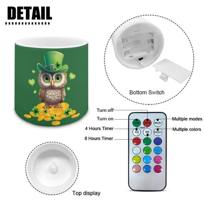 Merkmak 4 Pack Flickering Flameless Candles with Timer and Remote Battery Operated LED Candles St Paddy's Day Tea Lights for Party, Banquet, Home Decoration, Owl Gold Shamrocks Print