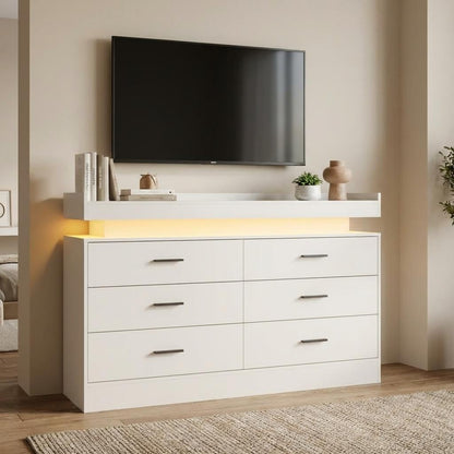 TV Stand Cabinet with LED Lights & Charging Station, Coffee Bar Cabinet Floating Countertop, Modern Sideboard Buffet 6 Drawers for Home, Living Room, White