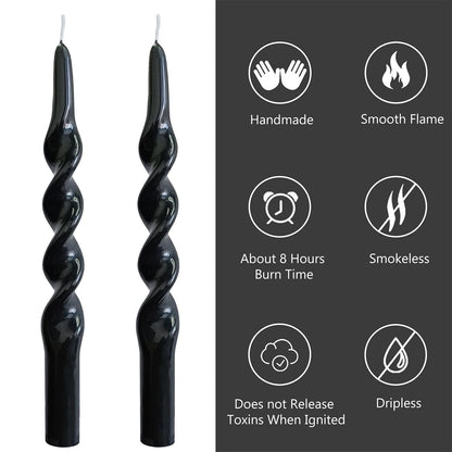 10 Inch Spiral Candles Set of 2 – Unscented Candle Stick, Black Handmade Tapered Candle Long Burning Twisted Candles for Wedding Dinner Table Home Decor
