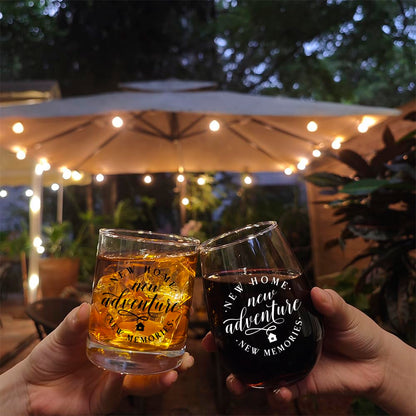 Vagafilla New Home New Adventure New Memories Stemless Wine & Whiskey Glass Gift Set 15oz, Funny Housewarming Gift for New Homeowner Hostess Realtor Clients Friends Bride Parent Groom Wine Lover-2